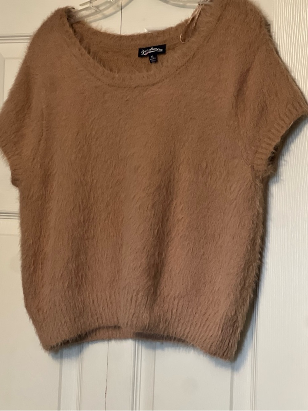 Freshman Camel Fuzzy Short-Sleeve Crewneck Sweater